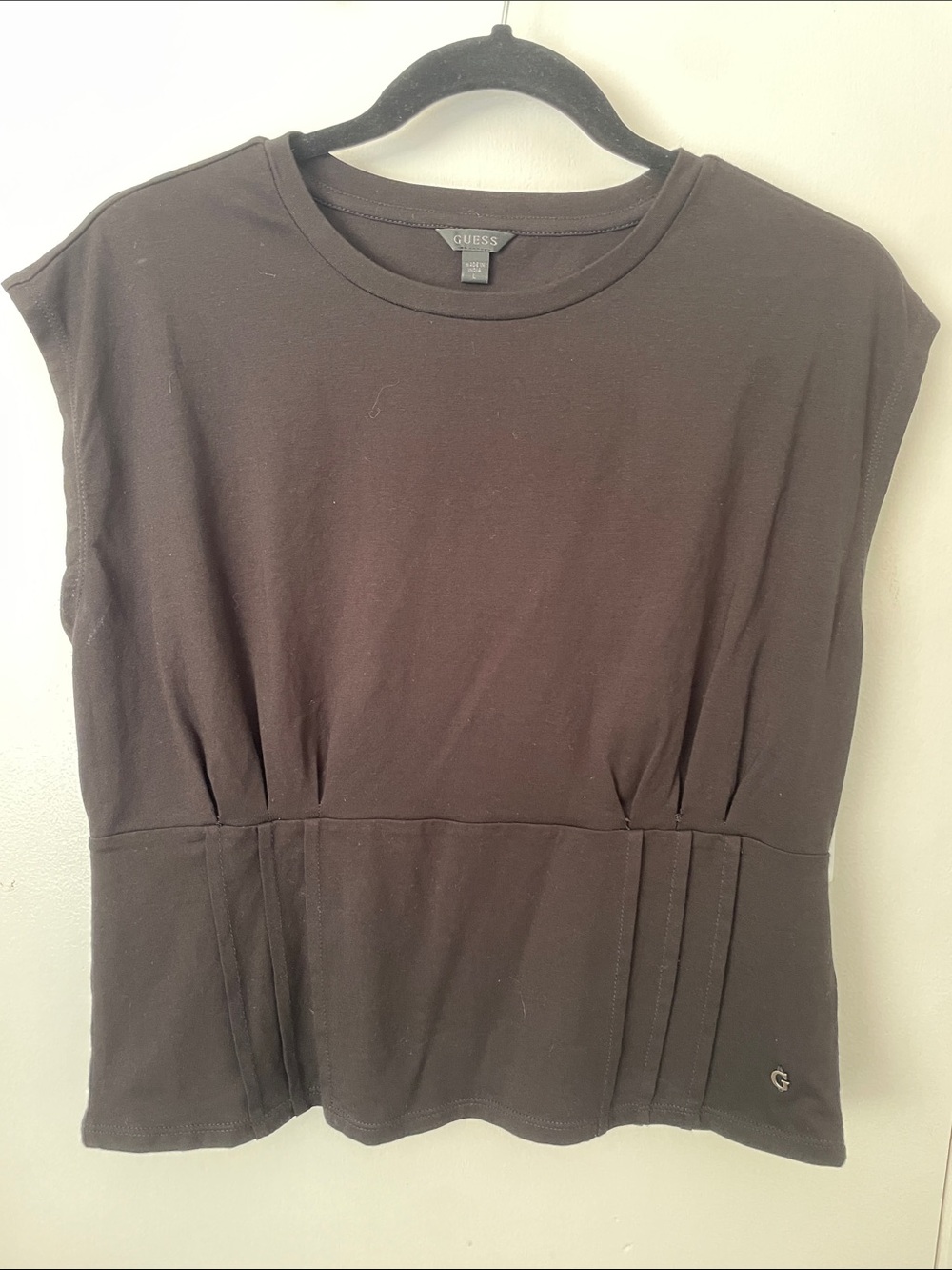 GUESS Black Short Sleeve Pleated Waist Corset Tee